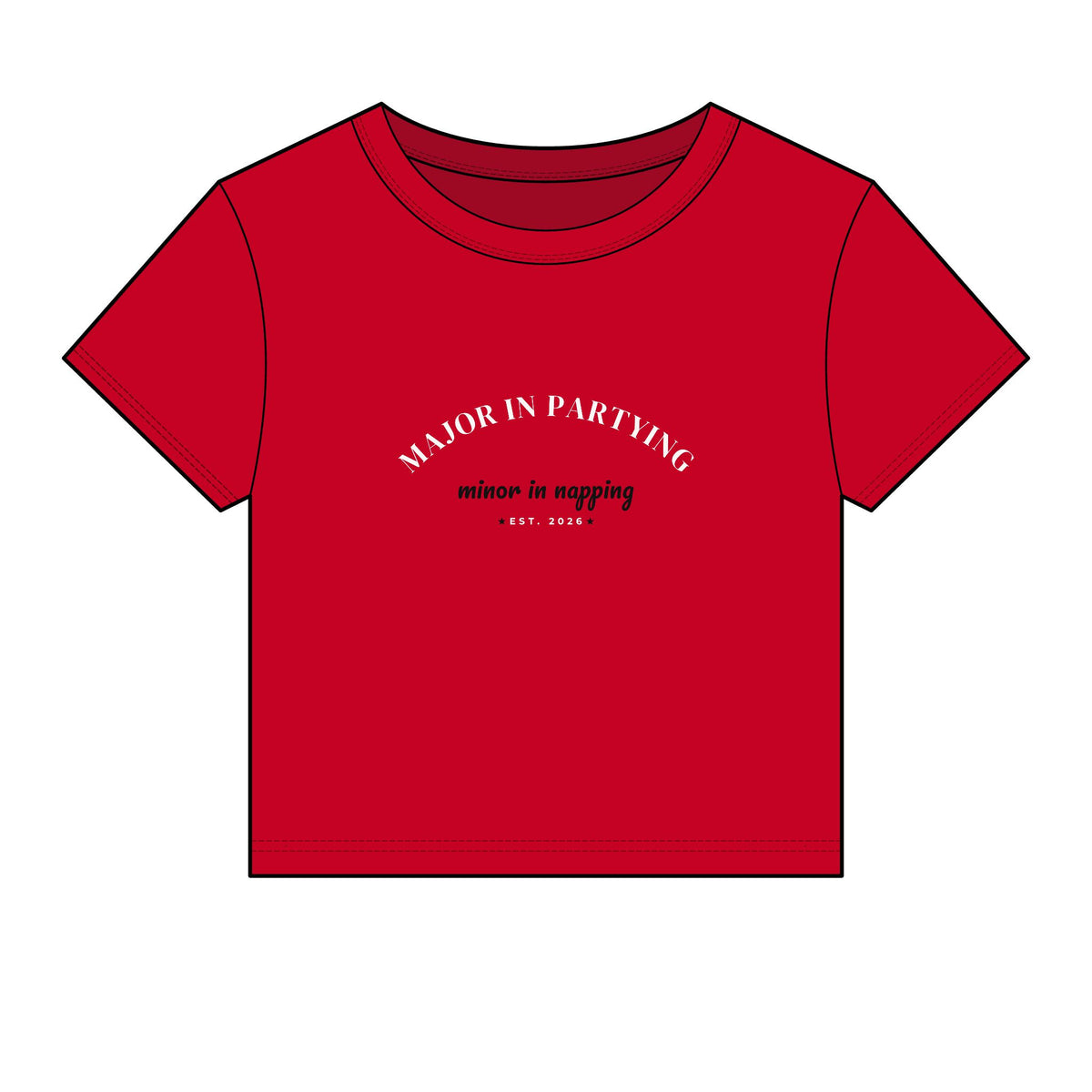 Red cropped T-shirt with crew neck and 'Major in Partying' graphic front