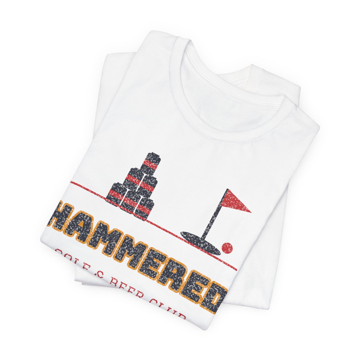 White crewneck T-shirt with large 'HAMMERED' golf & beer club front graphic