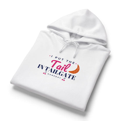 White women's hoodie with front graphic and tied drawstring hood