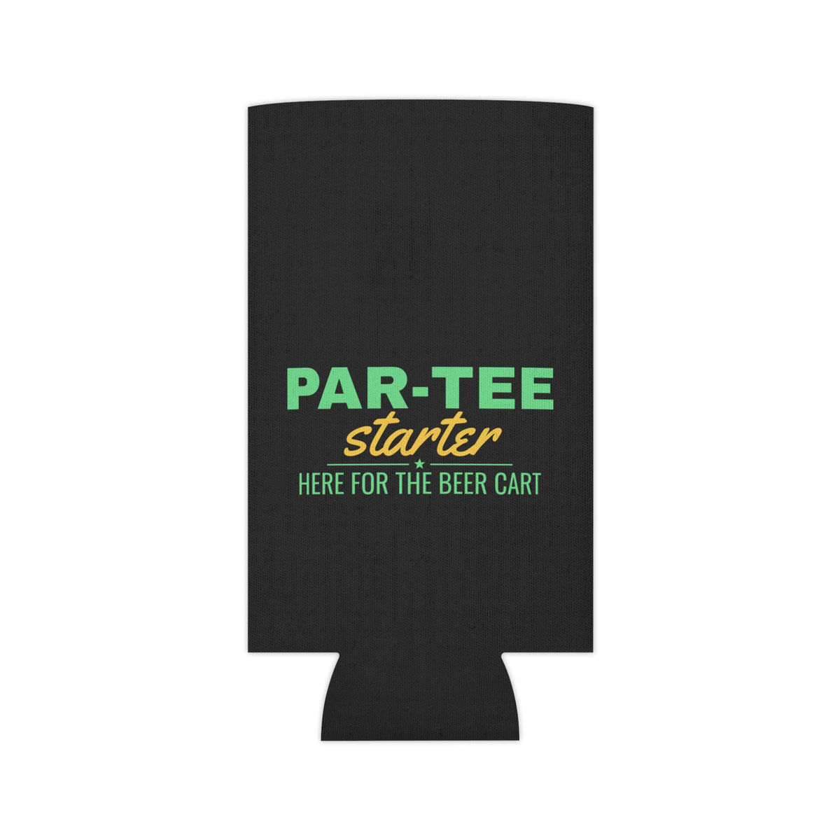 Black can cooler koozie showing PAR-TEE Starter logo and “Here for the Beer Cart”
