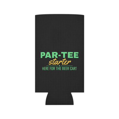 Black can cooler koozie showing PAR-TEE Starter logo and “Here for the Beer Cart”