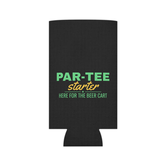 Black can cooler koozie showing PAR-TEE Starter logo and “Here for the Beer Cart”