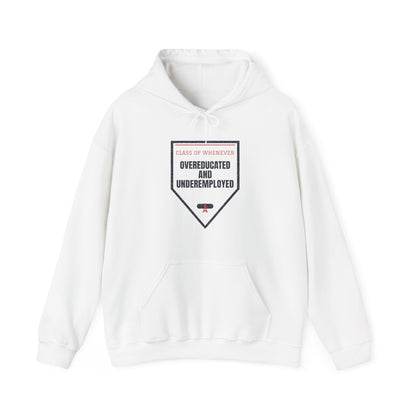 White pullover hoodie with front pocket, drawstring hood, and graduation-style graphic