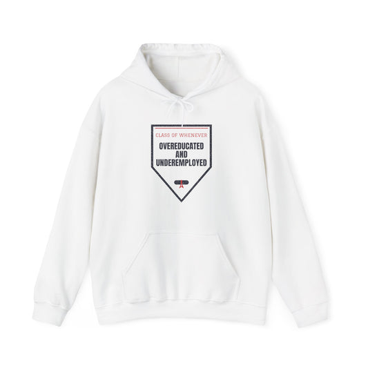 White pullover hoodie with front pocket, drawstring hood, and graduation-style graphic