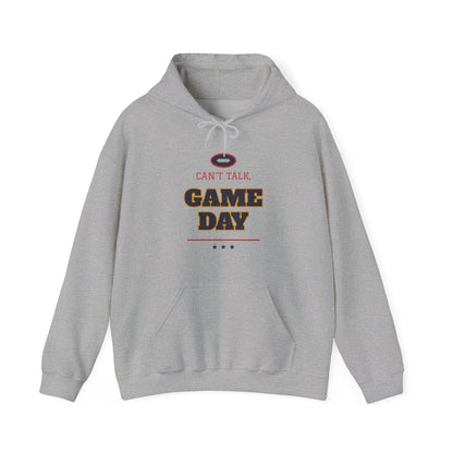 Light gray pullover hoodie with front "CAN'T TALK" football "GAME DAY" graphic