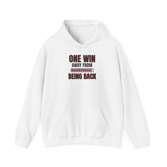 White hoodie with front text graphic and kangaroo pocket