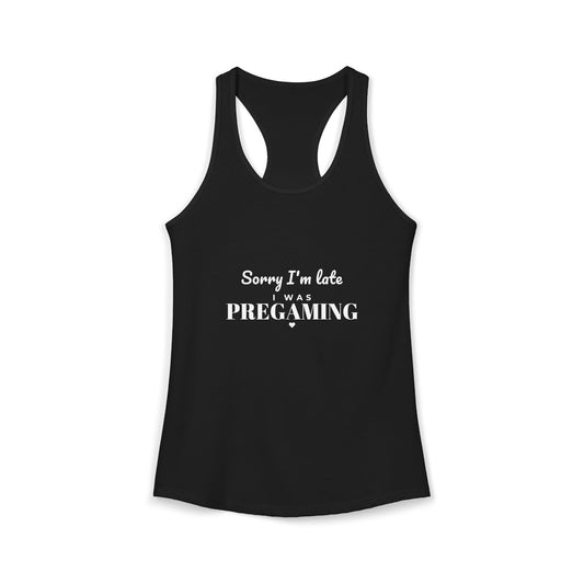 Black racerback tank top with front cutout armholes and 'I was PREGAMING' print