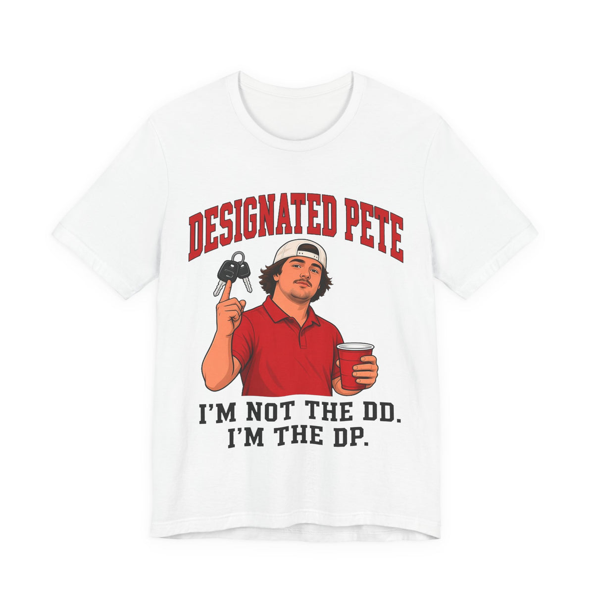 White crew-neck graphic T-shirt with red and black character design on front