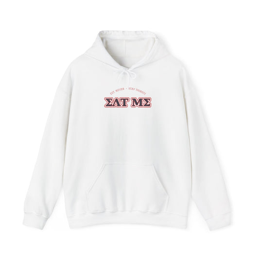 White pullover hoodie with hood drawstrings, kangaroo pocket, and chest graphic