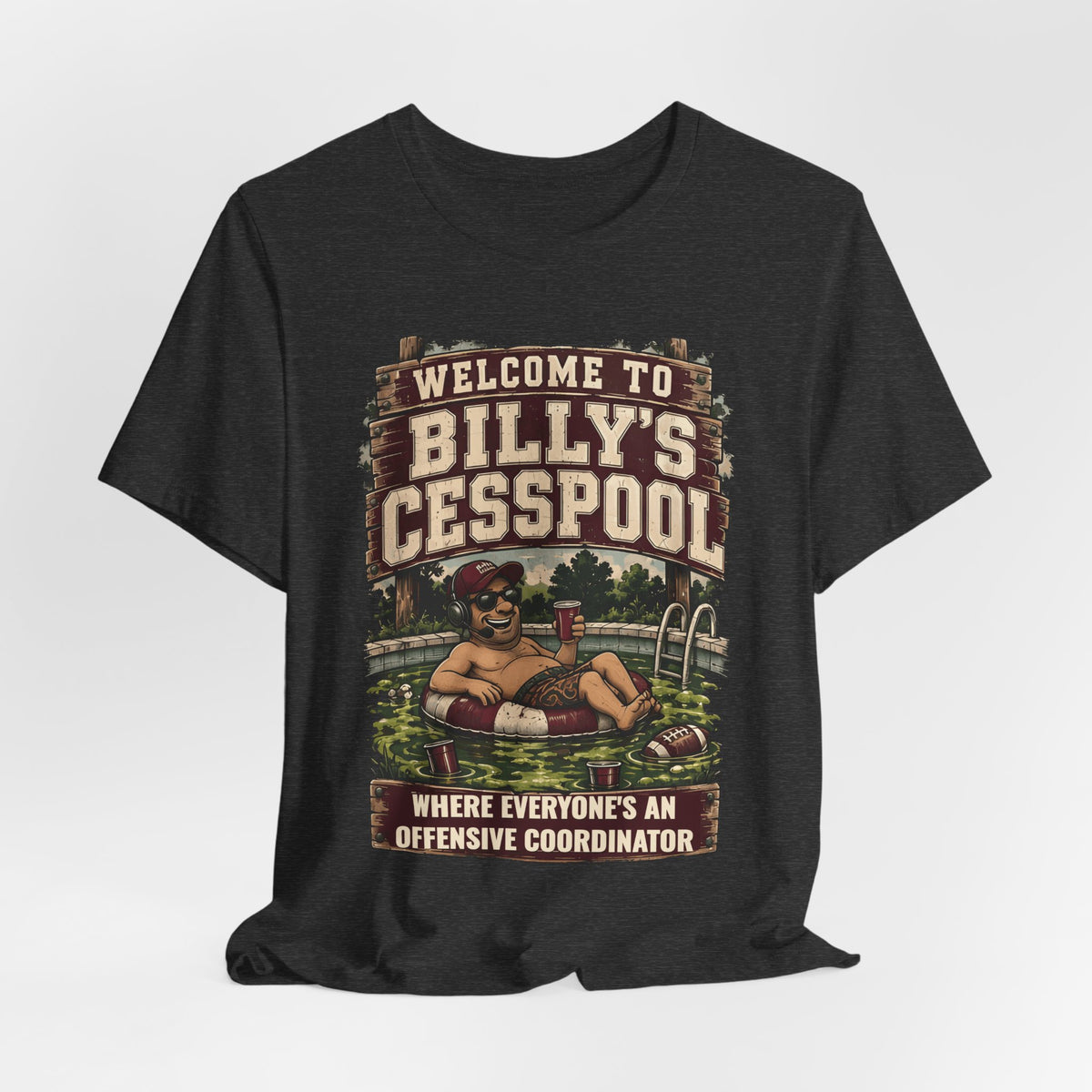 Dark gray crewneck T-shirt with Welcome to Billy's Cesspool front graphic