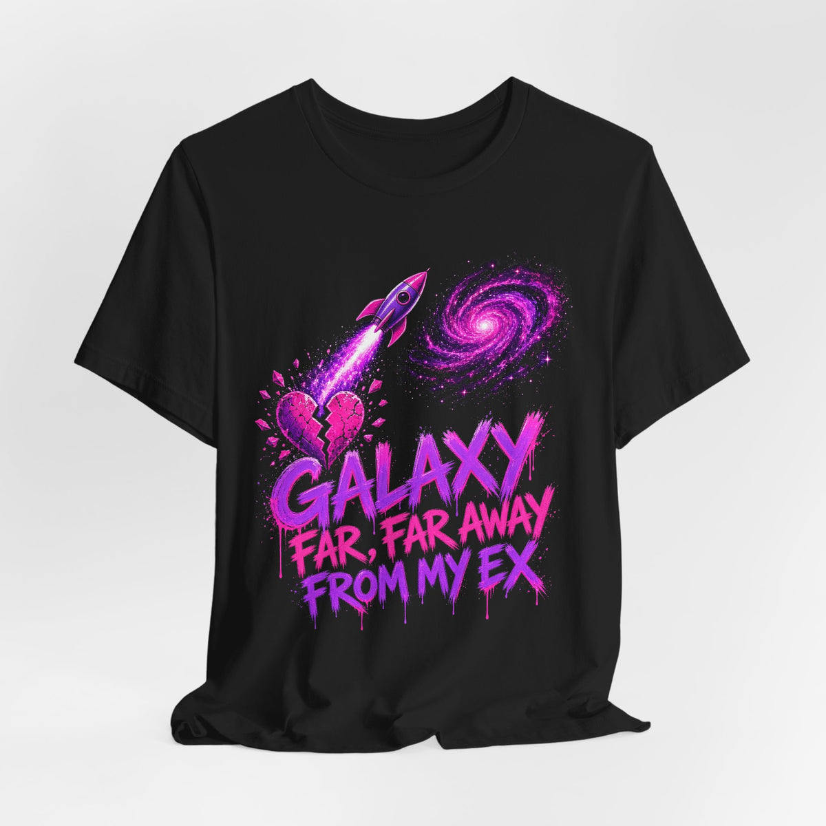 Black crewneck graphic t-shirt with purple rocket, galaxy swirl, and matching text design