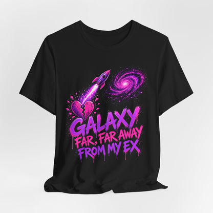 Black crewneck graphic t-shirt with purple rocket, galaxy swirl, and matching text design