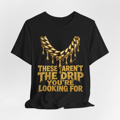 Black crewneck graphic T-shirt with gold dripping text centerpiece