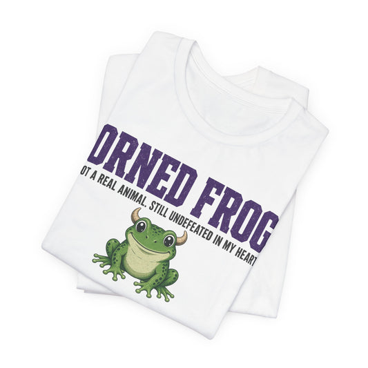 White graphic t-shirt with large purple 'Horned Frogs' lettering and green frog