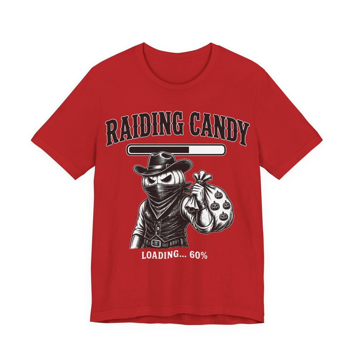 Red tee with 'Raiding Candy' graphic and loading 60% front print