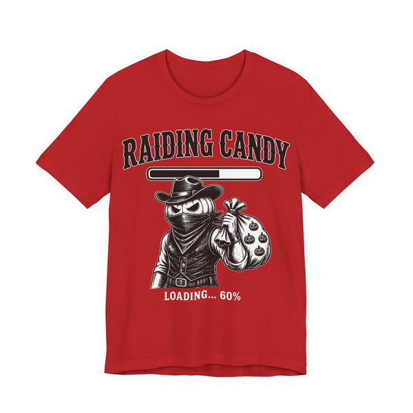 Red tee with 'Raiding Candy' graphic and loading 60% front print