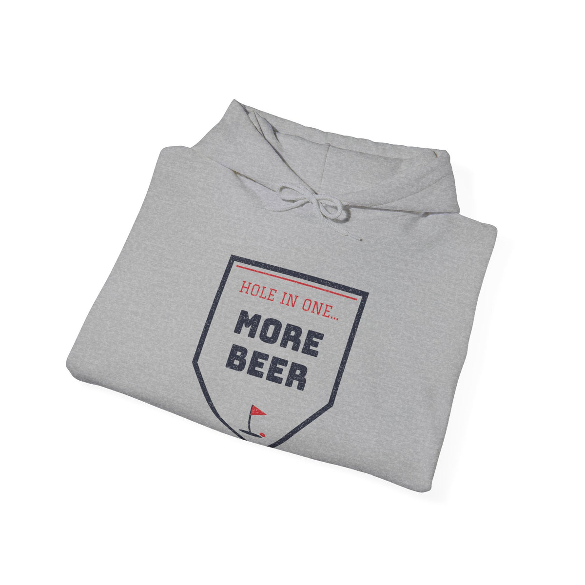 Light gray hoodie with front pocket and “MORE BEER” shield graphic