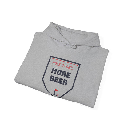 Light gray hoodie with front pocket and “MORE BEER” shield graphic
