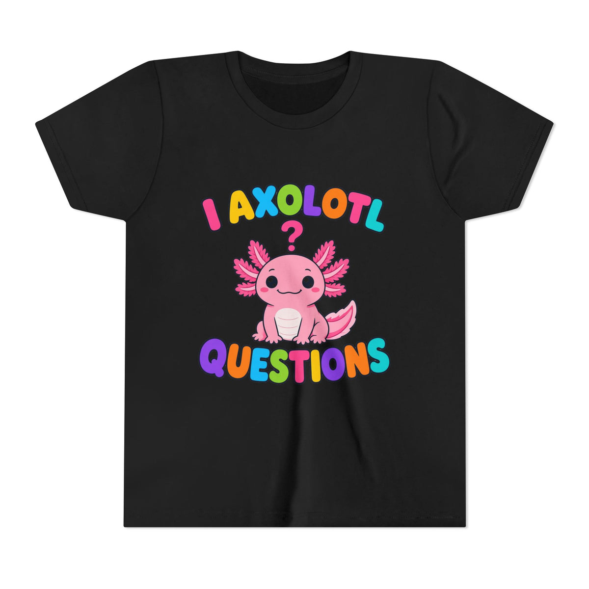 Kids graphic T-shirt in black with pink axolotl and 'Questions' lettering