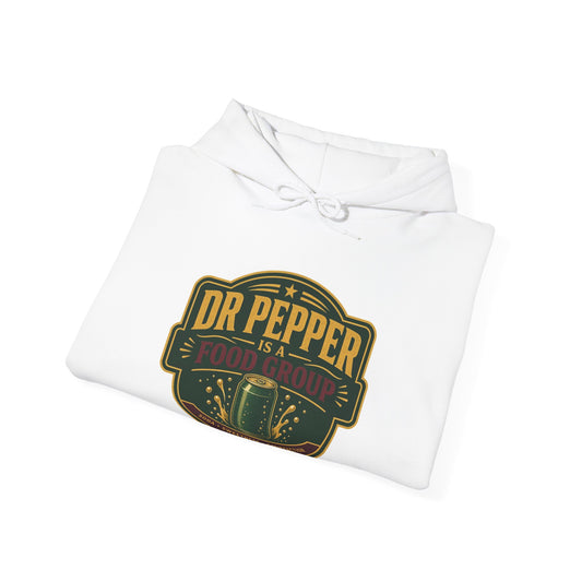 White pullover hoodie with large Dr Pepper logo on front, kangaroo pocket