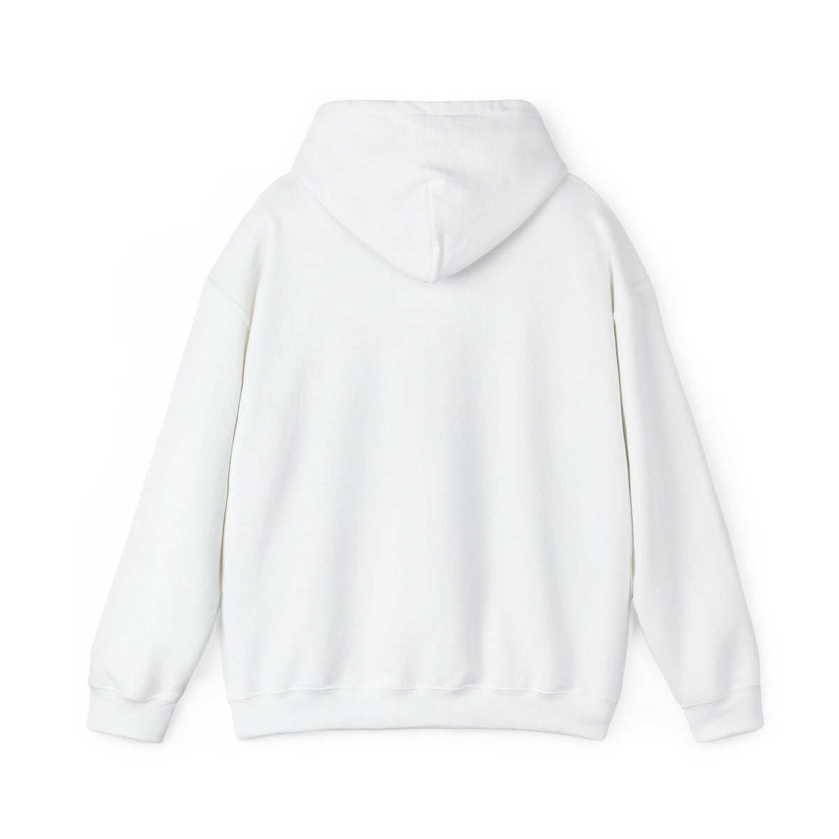 White pullover hoodie with hood and sleeves, back view