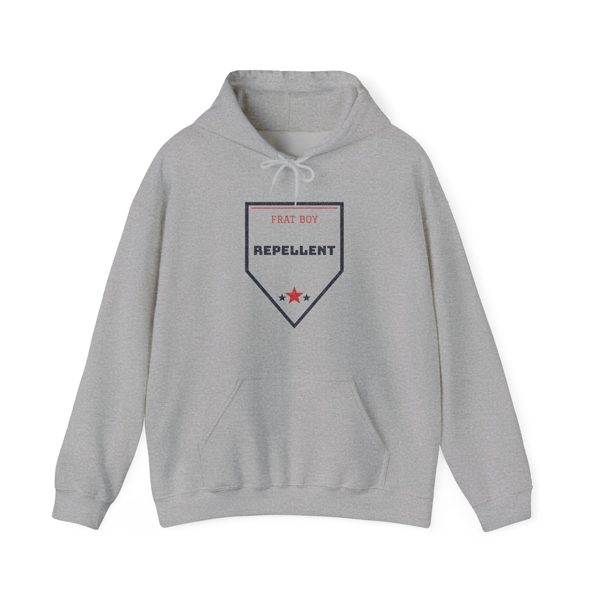 Light gray pullover hoodie with hood and front graphic badge, kangaroo pocket