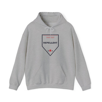 Light gray pullover hoodie with hood and front graphic badge, kangaroo pocket