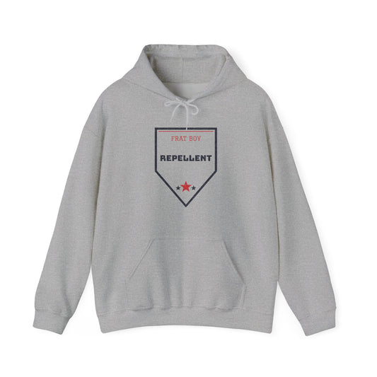 Light gray pullover hoodie with hood and front graphic badge, kangaroo pocket