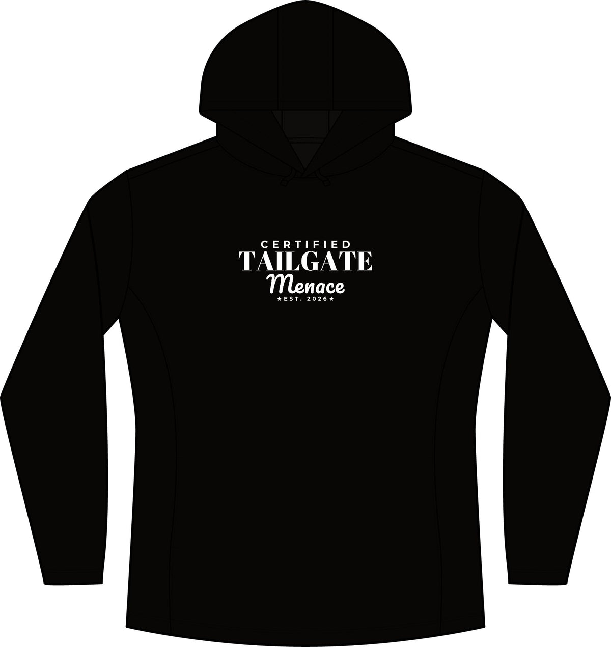 Black pullover hoodie with hood and front graphic logo