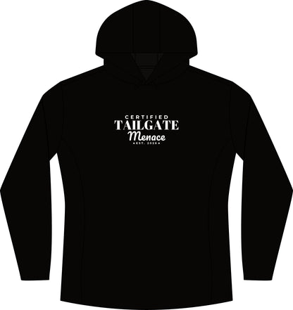 Black pullover hoodie with hood and front graphic logo