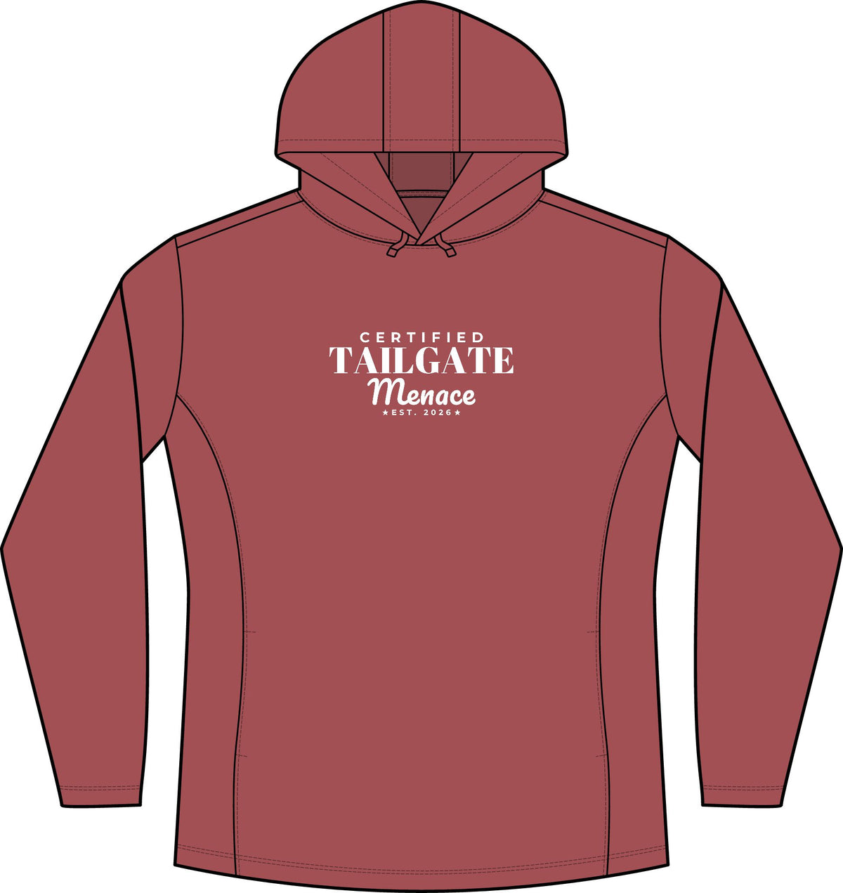 Deep red pullover hoodie with hood and front graphic logo