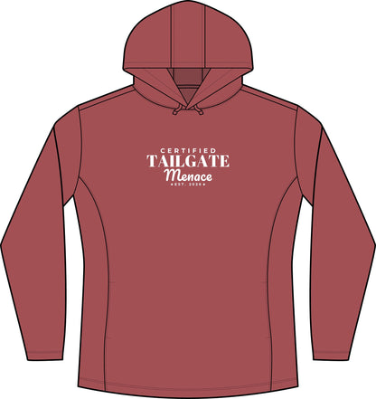 Deep red pullover hoodie with hood and front graphic logo