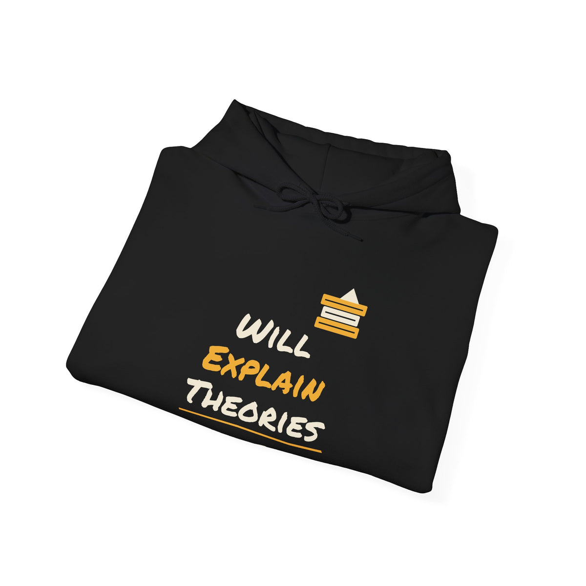 Black hoodie with drawstring hood and “Will Explain Theories” graphic in colors