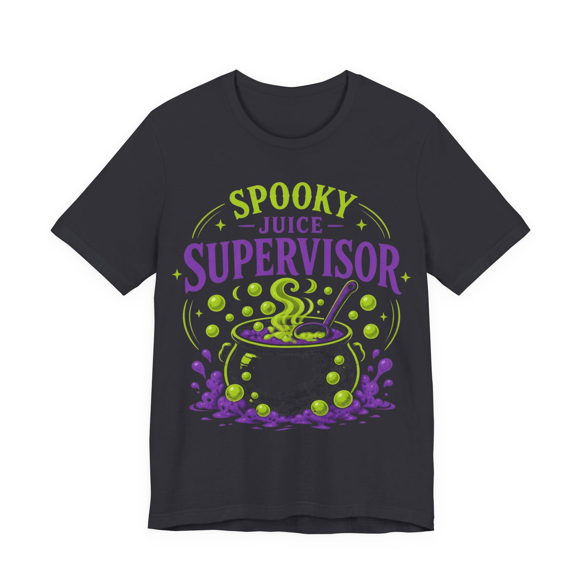 Angled dark grey crewneck T-shirt with neon cauldron Spooky Juice Supervisor graphic