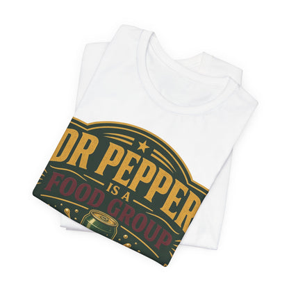 White crewneck tee, folded, featuring Dr Pepper Food Group logo print