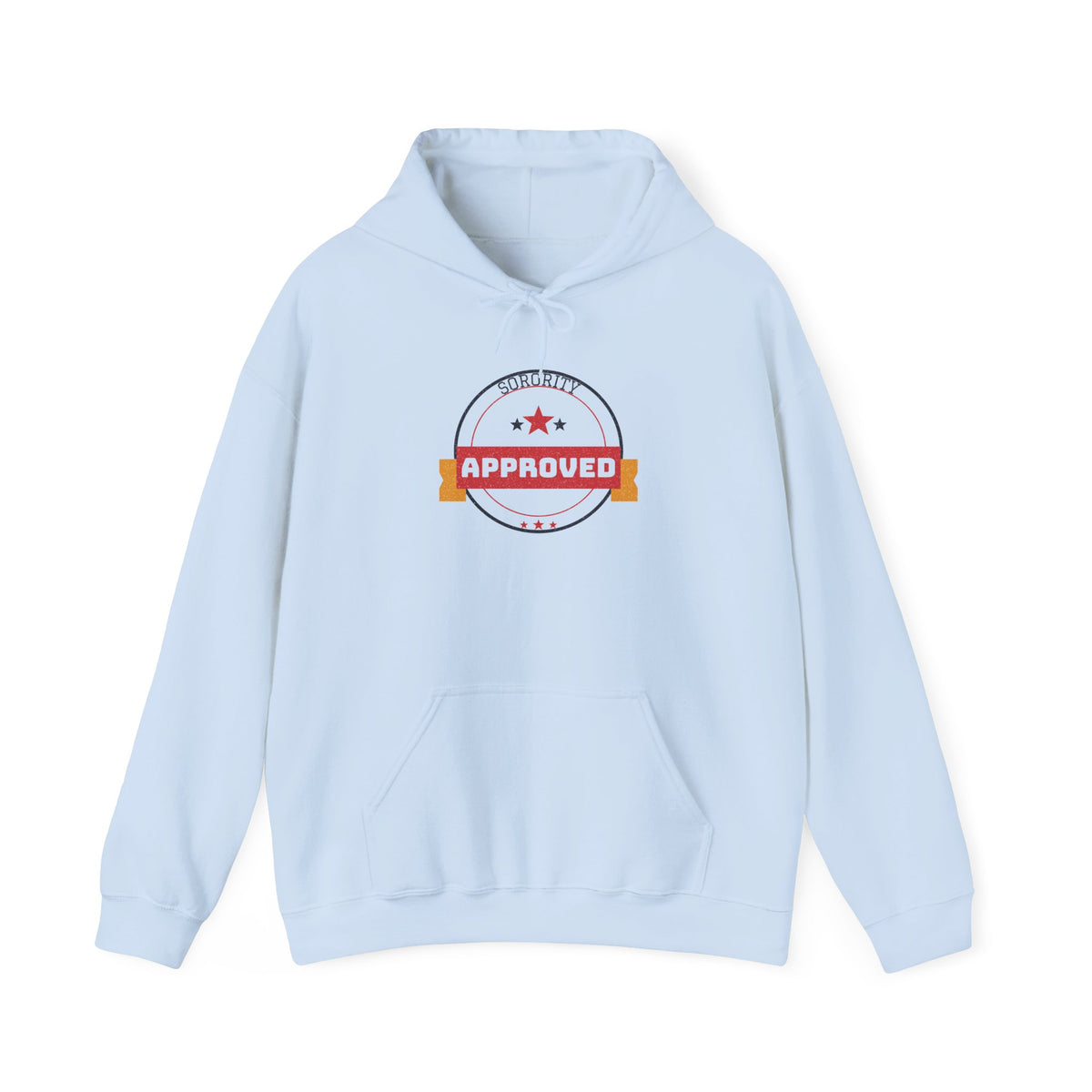 Light blue pullover hoodie with front pocket, drawstring hood, and “Approved” emblem graphic