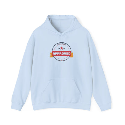 Light blue pullover hoodie with front pocket, drawstring hood, and “Approved” emblem graphic