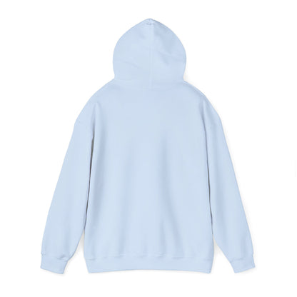 Light blue pullover hoodie with hood, front pocket, and long sleeves (back view).