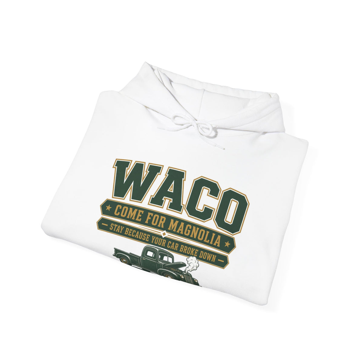 White hoodie folded with large WACO graphic on chest