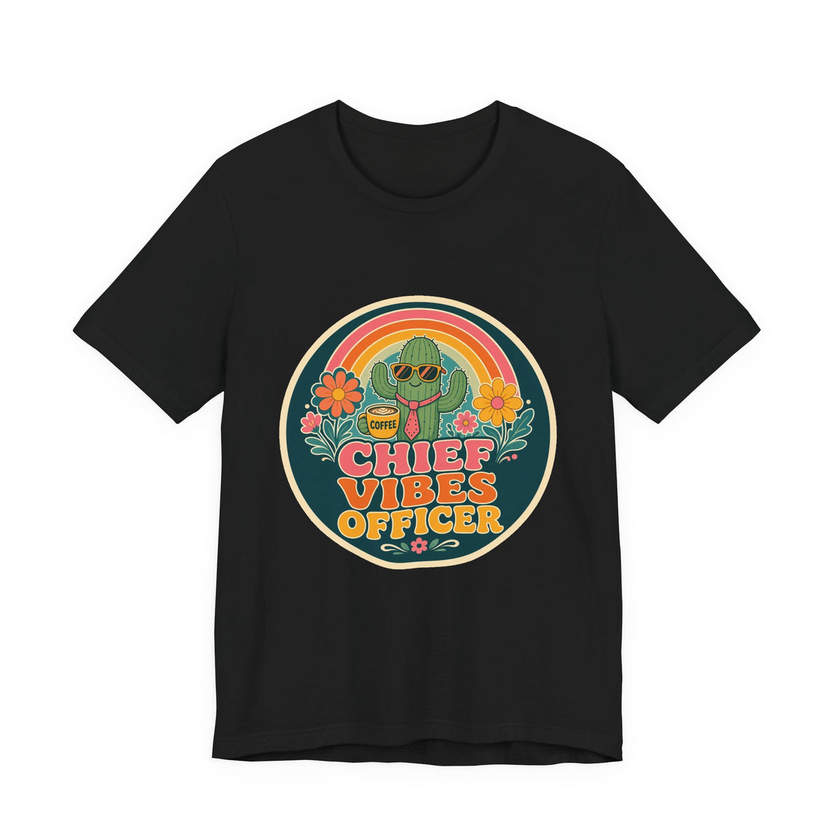 Black crew-neck T-shirt with round “Chief Vibes Officer” coffee cactus graphic
