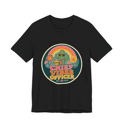 Black crew-neck T-shirt with round “Chief Vibes Officer” coffee cactus graphic