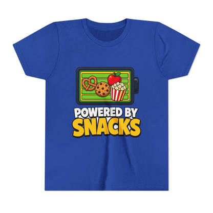 Royal blue kids graphic T-shirt with snack-themed logo front