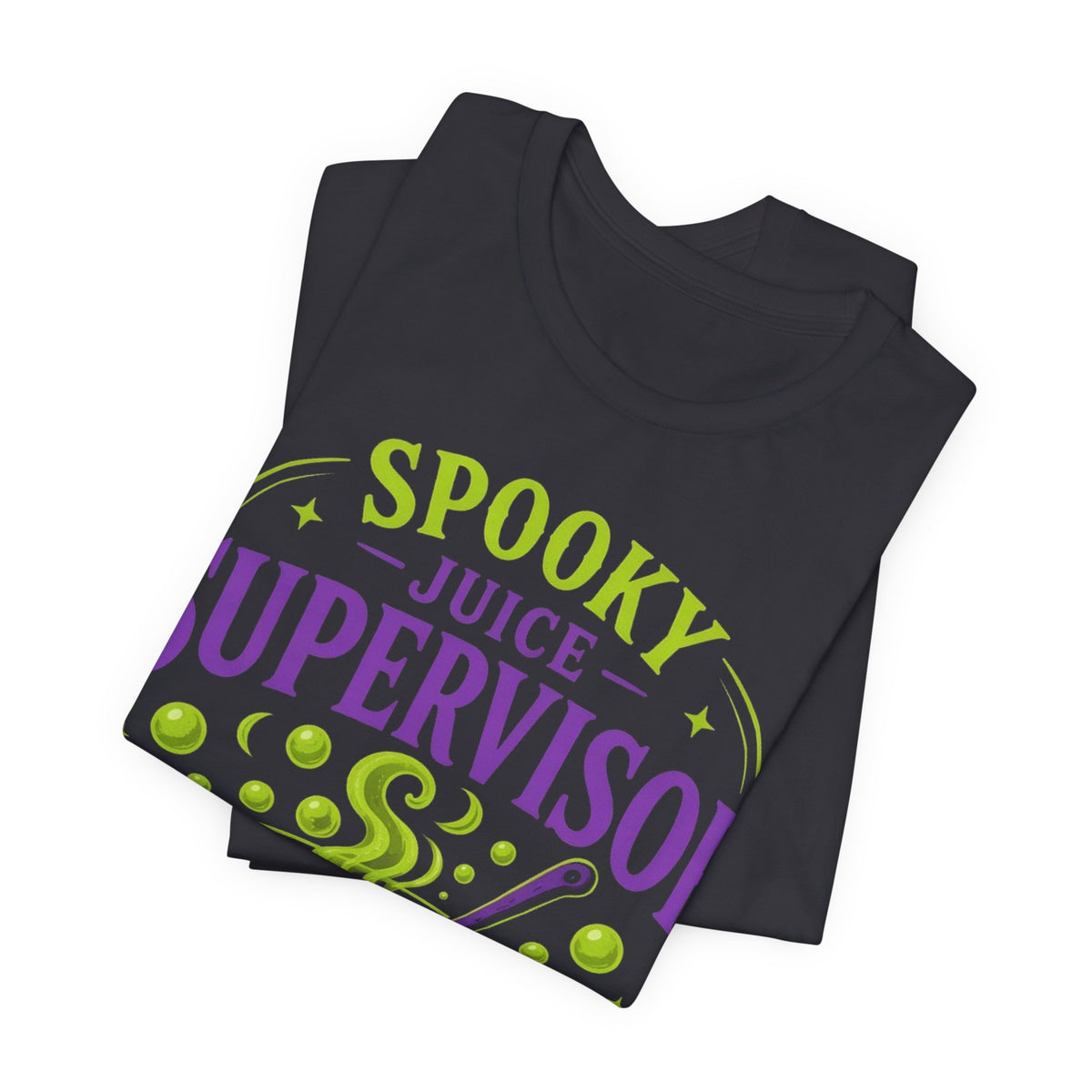 Dark grey folded crewneck T-shirt with neon cauldron Spooky Juice Supervisor print