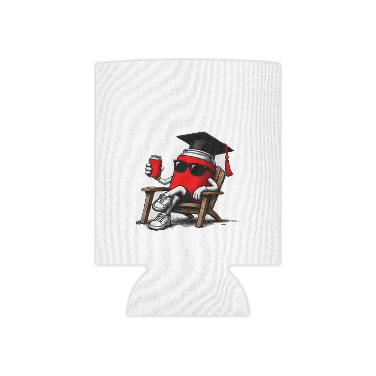 White graduation koozie with cartoon red-mascot in cap and diploma, no text
