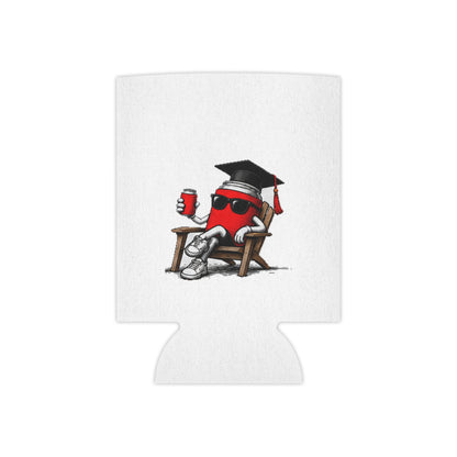 White graduation koozie with cartoon red-mascot in cap and diploma, no text