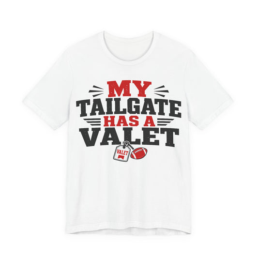 White crew-neck T-shirt with 'MY TAILGATE HAS A VALET' graphic and football