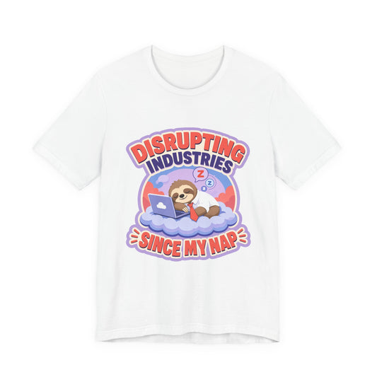White graphic T-shirt with “DISRUPTING INDUSTRIES” and bear sleeping in clouds