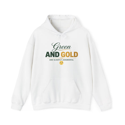 White Baylor hoodie with Green and Gold text, kangaroo pocket, and drawstring hood