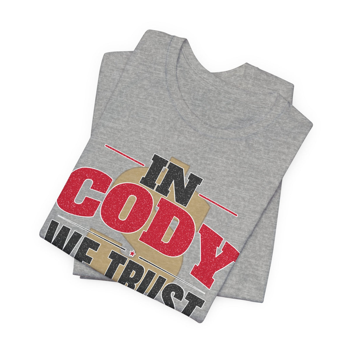 Athletic heather gray graphic T-shirt set, stacked view, with 'IN CODY' and 'WE TRUST'