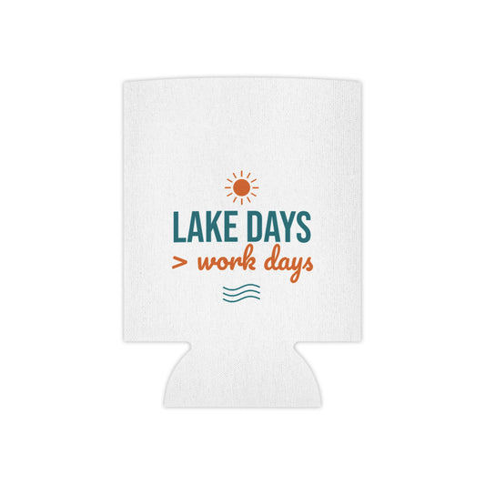 White fabric can koozie with Lake Days > work days sun and wave graphic